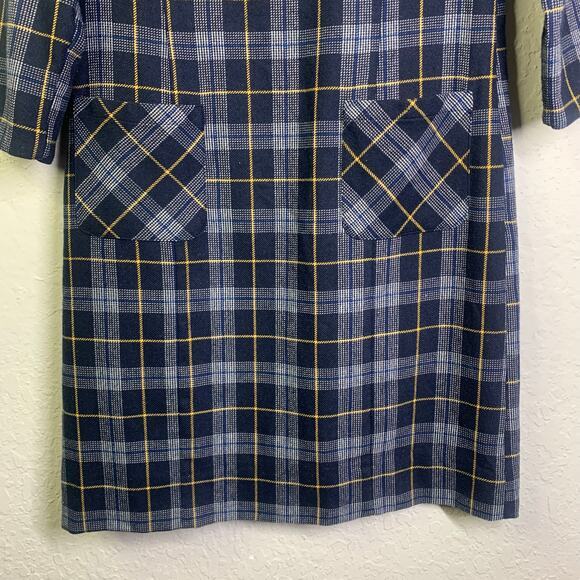 LAURA ASHLEY Dress 8 Shift Plaid Navy Checked Wool Front Pockets Keyhole Closure - Picture 5 of 16